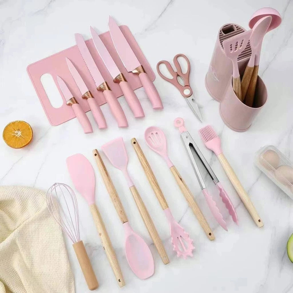 Kit Completo Jogo Utensílios de Cozinha Luxo 19 Peças Com Tábua em Silicone Espátula Faca Tesoura
