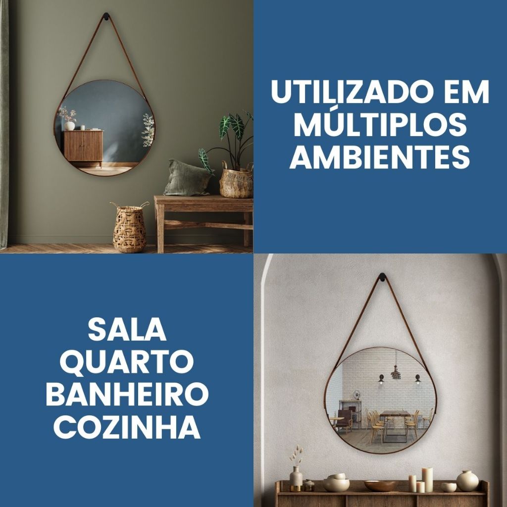 Espelho Redondo Adnet 30cm Com Alça + Suporte e Pendurador Ideal Para Sala / Banheiro / Quarto