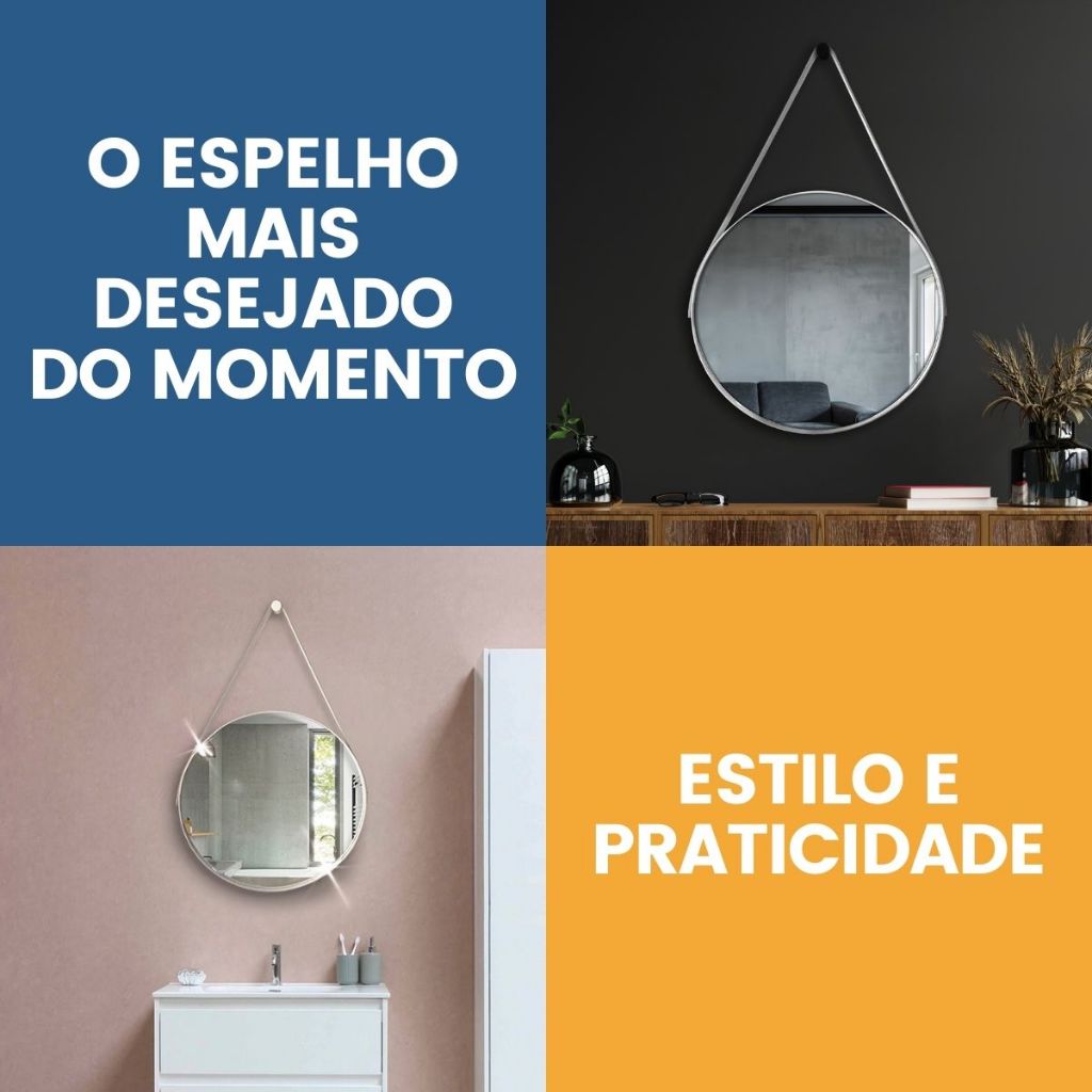 Espelho Redondo Adnet 30cm Com Alça + Suporte e Pendurador Ideal Para Sala / Banheiro / Quarto