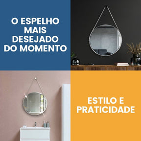 Espelho Redondo Adnet 30cm Com Alça + Suporte e Pendurador Ideal Para Sala / Banheiro / Quarto