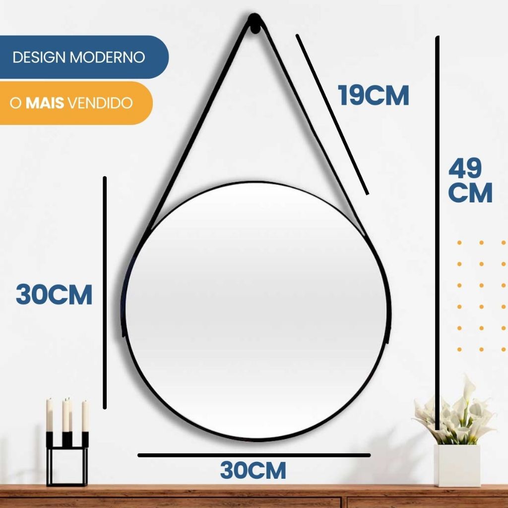 Espelho Redondo Adnet 30cm Com Alça + Suporte e Pendurador Ideal Para Sala / Banheiro / Quarto