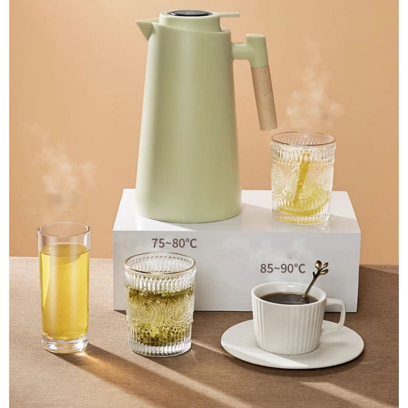 Garrafa Térmica  de água 1 Litro Com Termômetro Led Para Chás / Café Design Moderno Cabo De Madeira Cor Preta