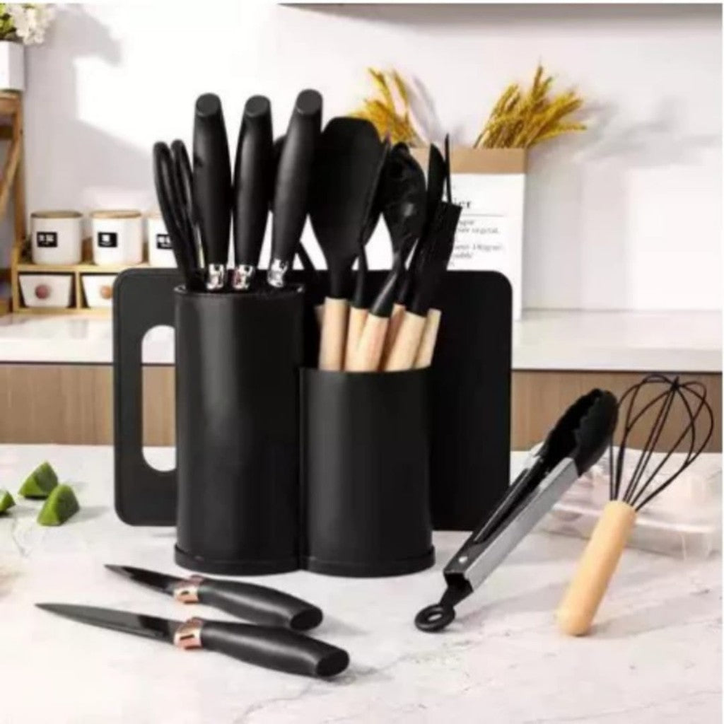 Kit Completo Jogo Utensílios de Cozinha Luxo 19 Peças Com Tábua em Silicone Espátula Faca Tesoura