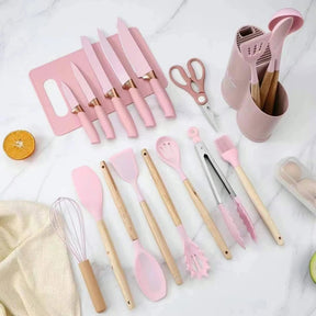 Kit Completo Jogo Utensílios de Cozinha Luxo 19 Peças Com Tábua em Silicone Espátula Faca Tesoura